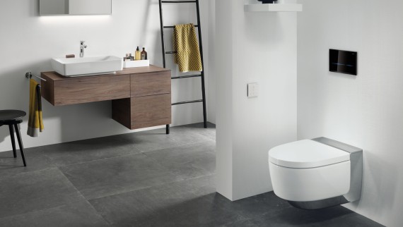 Touchless toilet flushing with the Geberit Sigma80 actuator plate in combination with the Geberit AquaClean Mera shower toilet