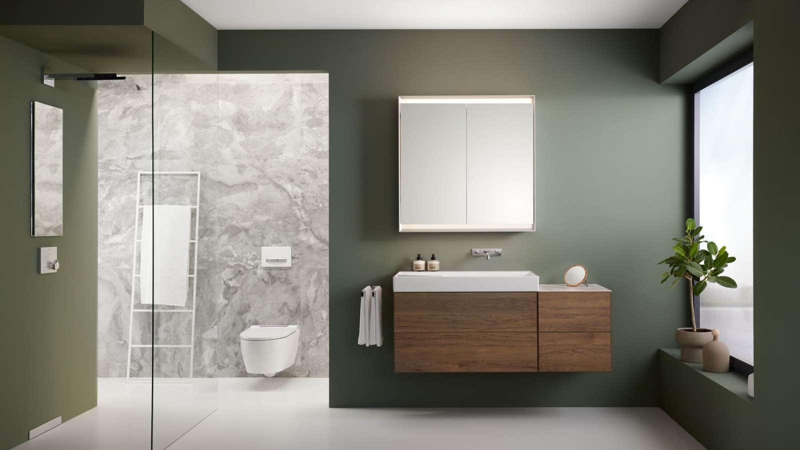 Spacious bathroom with Geberit ONE furniture and ceramics and wall drain