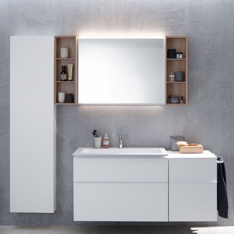Geberit iCon vanity unit with side cabinet, tall cabinet and shelving units