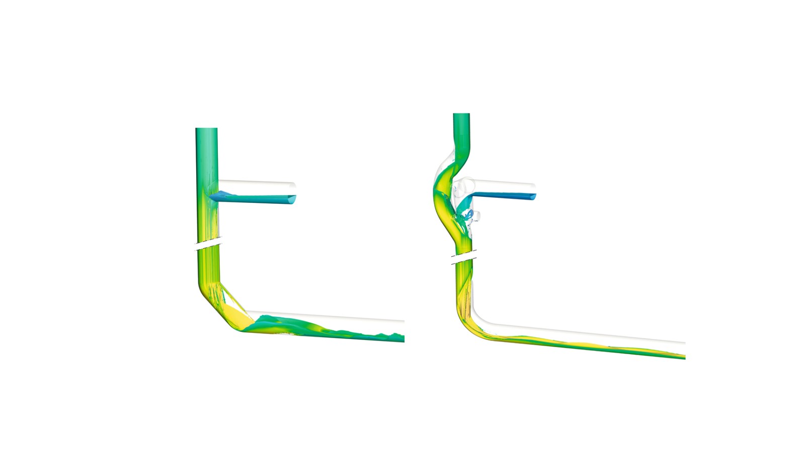 Changing direction with two Geberit Silent-db20 160 mm 45° bends, as illustrated on the left, causes the water in the pipe to swirl, which helps reduce the amount of noise generated. In contrast, the Geberit Silent-db20 BottomTurn bend, as illustrated on the right, calmly and orderly converts the annular flow from the stack into layered flow.