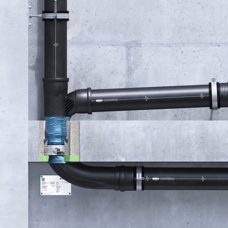 Geberit fire protection sleeve RS90 Plus EN embedded in the ceiling with EPS/XPS insulation