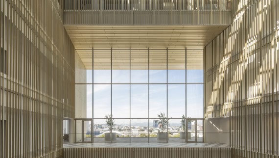 The atrium is clad with gilded anodized aluminium profiles whose tones change depending on the sun’s movements (© Ana Skobe)