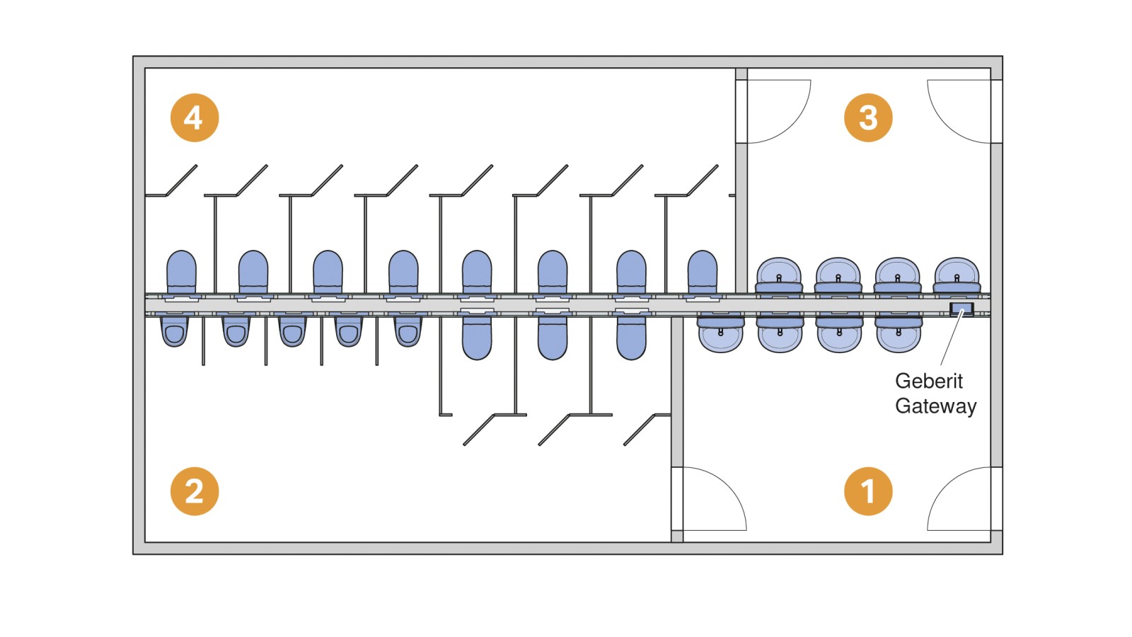 Zone 1: Men’s WC anteroom; Zone 2: Men’s WC; Zone 3: Ladies’ WC anteroom; Zone 4: Ladies’ WC Zone 1: Men’s WC anteroom; Zone 2: Men’s WC; Zone 3: Ladies’ WC anteroom; Zone 4: Ladies’ WC