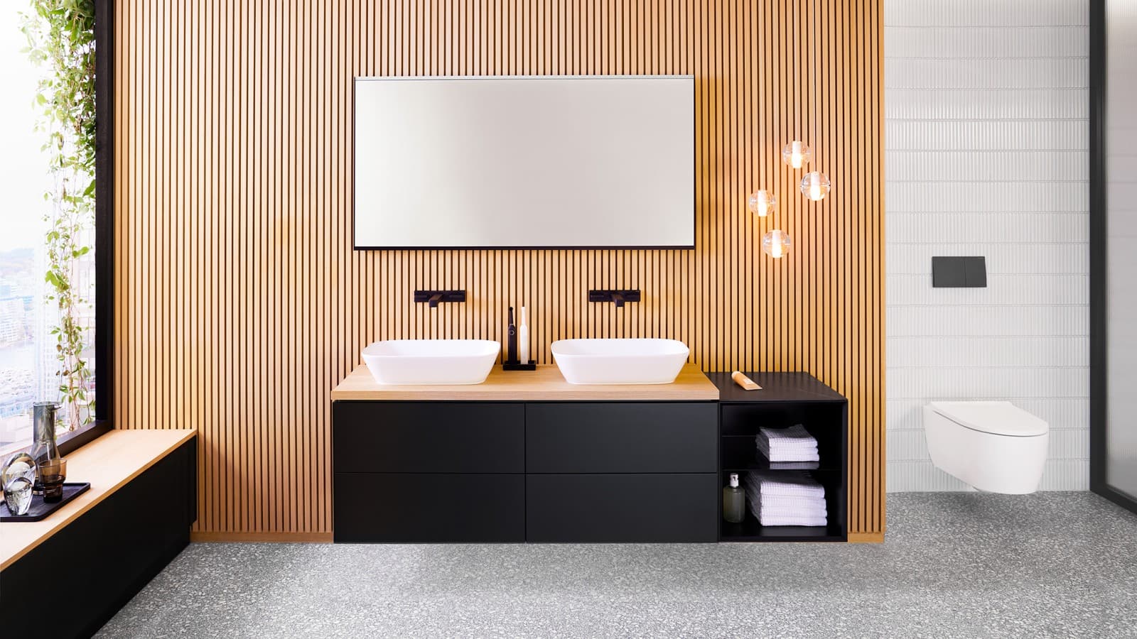 Bathroom with Geberit WC ceramic appliance, Geberit flush plate Sigma70 and shower channel CleanLine Bathroom with Geberit WC ceramic appliance, Geberit flush plate Sigma70 and shower channel CleanLine