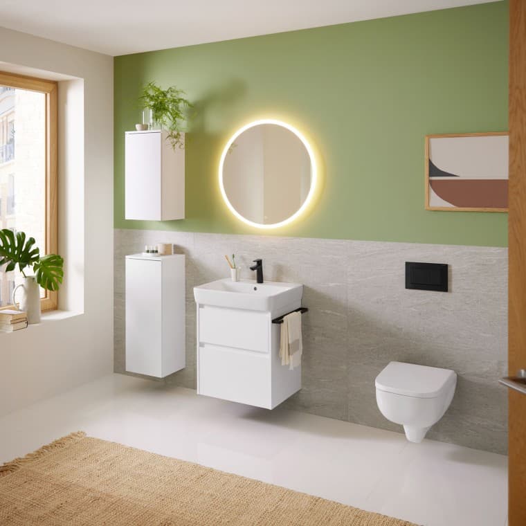 Geberit Renova Plan vanity unit with side cabinets and tall cabinet Geberit Renova Plan vanity unit with side cabinets and tall cabinet
