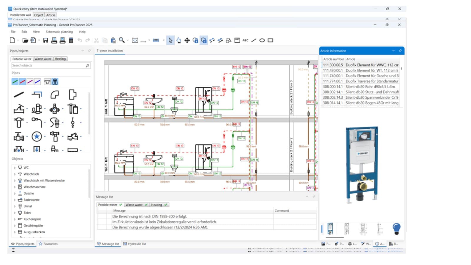 View of the schematic planning module in Geberit ProPlanner View of the schematic planning module in Geberit ProPlanner