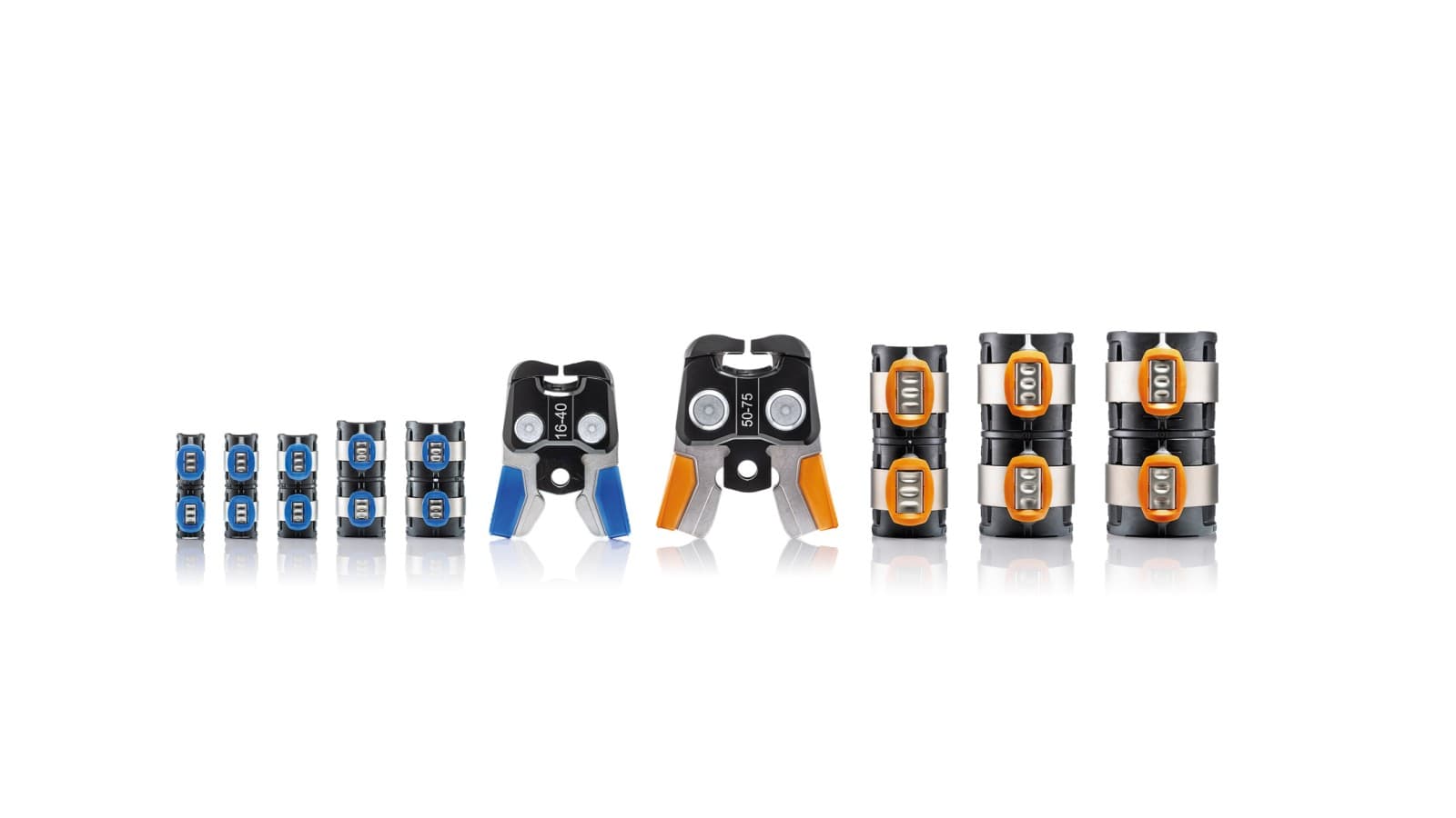 Only two pressing jaws are required to press all eight dimensions of Geberit FlowFit Only two pressing jaws are required to press all eight dimensions of Geberit FlowFit