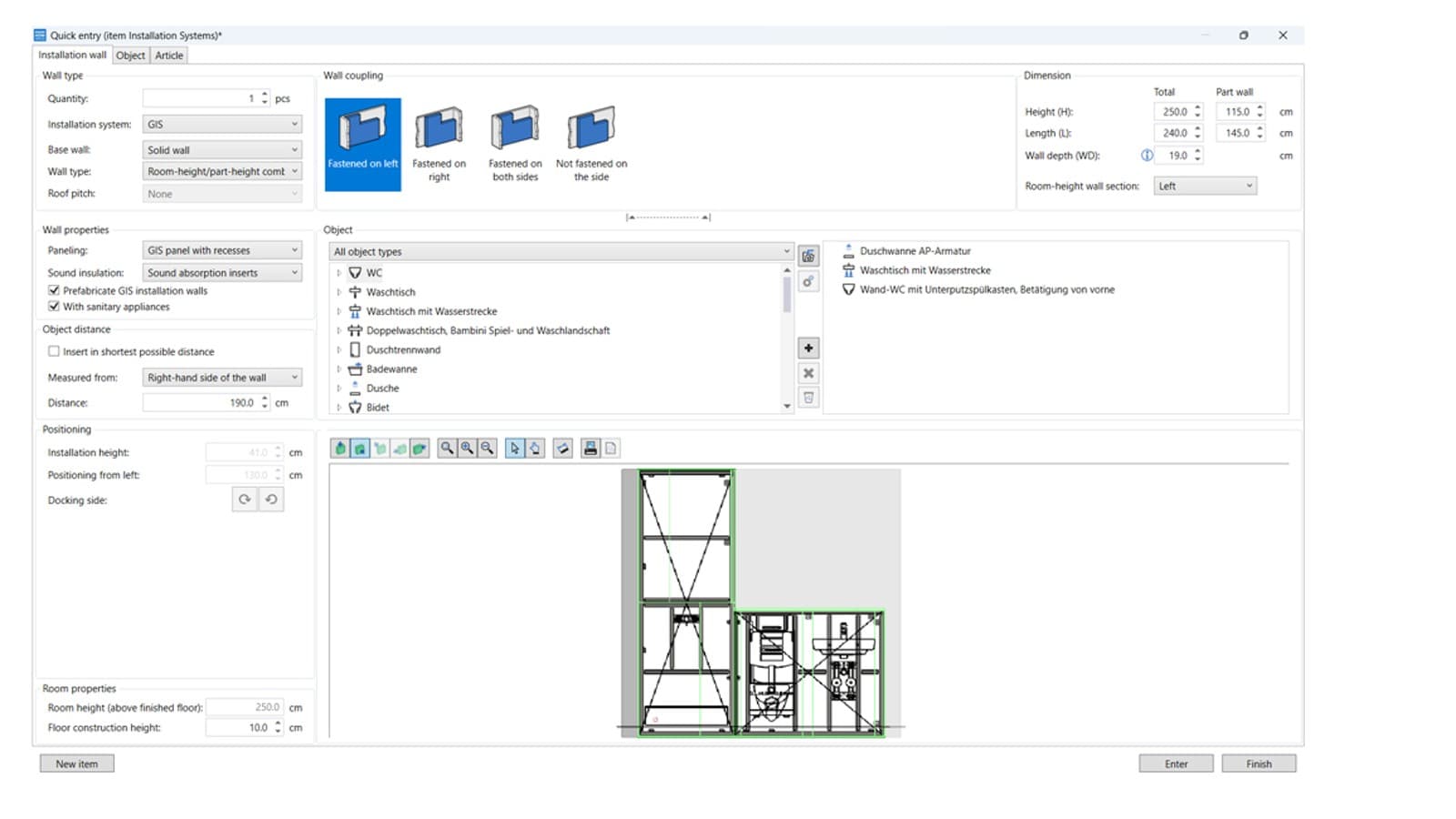 User interface of the planning module for installation systems in Geberit ProPlanner User interface of the planning module for installation systems in Geberit ProPlanner